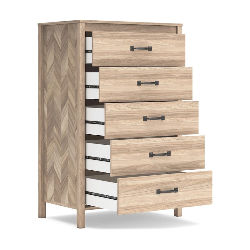 Bette Tall Dresser Chest, 5 Drawers, Light Oak Brown Finish, 60 Inch