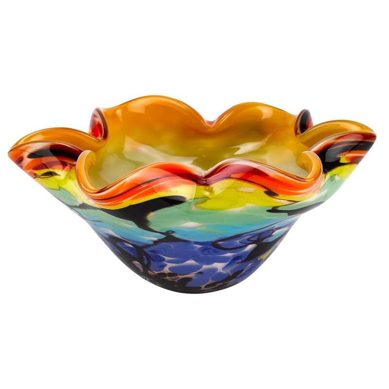 Allura Murano Style Art Glass Wavy 8.5 " Centerpiece or Candy Bowl - 1 Piece - Multi-Color