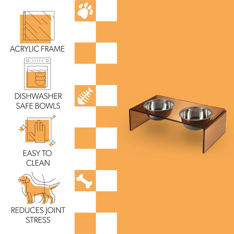Keaton 7.5" Medium/Large Modern Lucite Rectangular Elevated Pet Feeder with 54oz 2-Stainless Steel Bowls