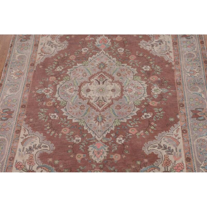 Vintage Tabriz Persian Vintage Area Rug Handmade Brown Wool Carpet - 6'8"x 10'0"