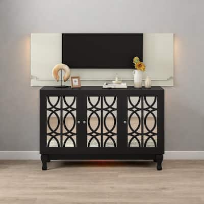 47.25"Modern 3-Door Mirror TV Stand - Geometric Minimalist with Floral Accents and Anti-Tip Safety