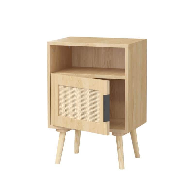22.83" Solid Wood & Rattan Nightstand with Door, Shelf - Oak Finish Bedside End Table for Small Spaces