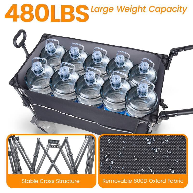 Multi-Functional Push-Pull Folding Wagon Cart with Rotating Handle & Canopy, 9"x4" Beach Tires, 300L Large Capacity