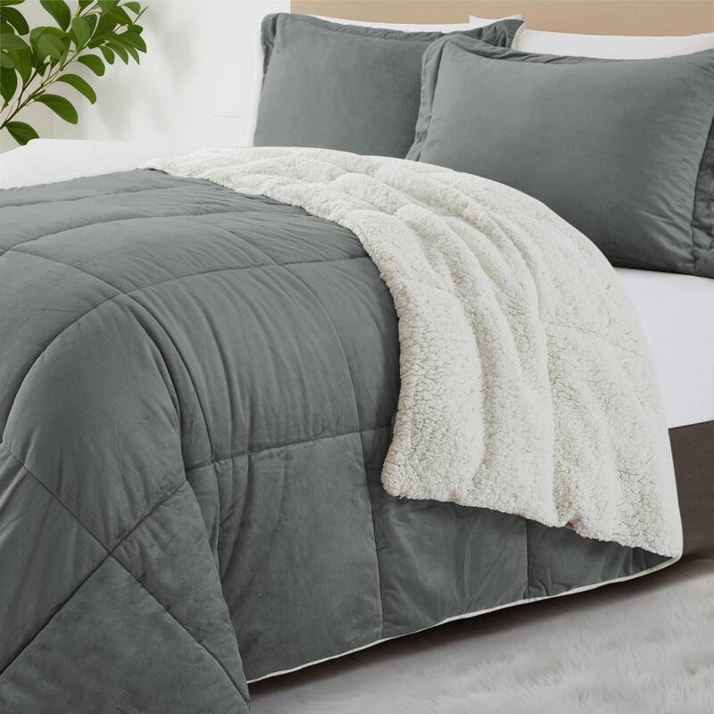 Dual-Side Fluffy Sherpa Comforter Set, Winter Plush Fuzzy Bedding Set