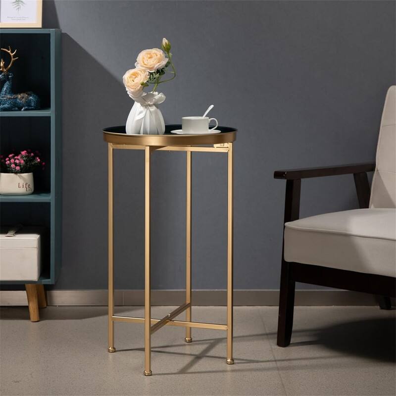Small Round Metal End Table - 14.5"D x 14.5"W x 25"H - Gold&navy Blue