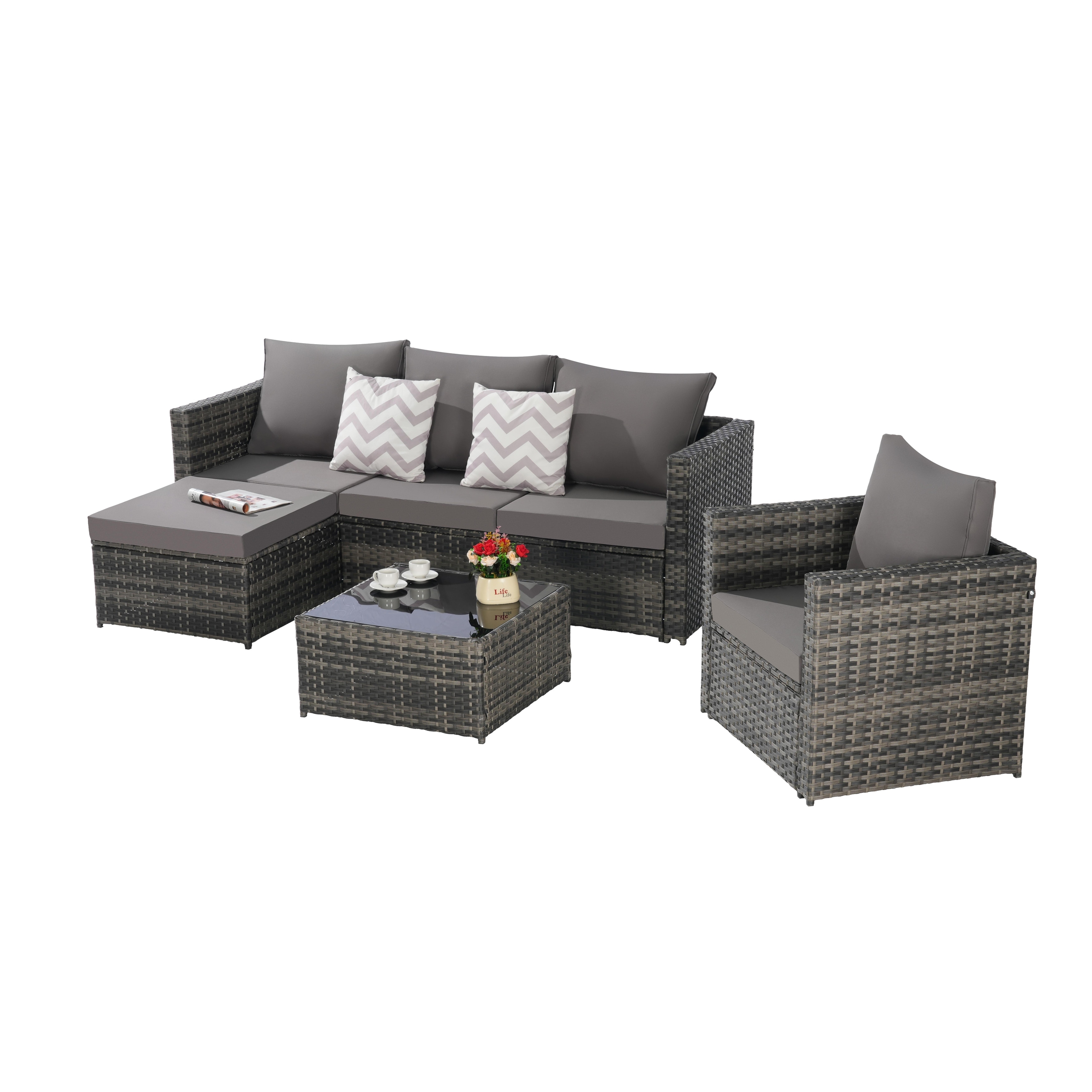Patio 3-Pcs L- Shaped Conversation Set with Coffee Table for Backyard Woven Sectional Sofa Set with Ottoman & Cushion