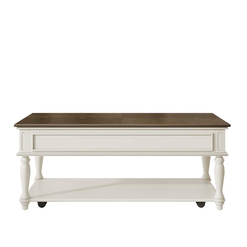 Farmhouse Coffee Table with One Drawer, Easy Assembly, Retro Movable Rectangular Cocktail Table with Lockable Wheels