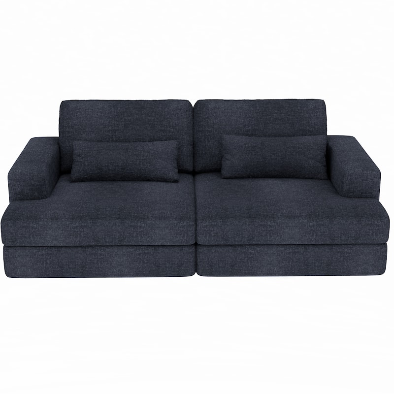HomeRoots 93" Blue Chenille Modular Stainless Steel Sleeper Sofa With Toss Pillows