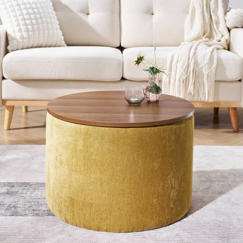 2-Piece Set Round Chenille Storage Ottoman, Equipped with a Drum Shaped Small Stool, Storage Space, and MDF Made Desktop Panel