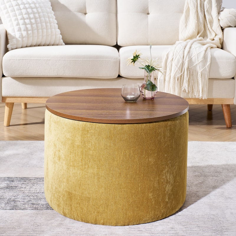 2-Piece Set Round Chenille Storage Ottoman, Equipped with a Drum Shaped Small Stool,Storage Space