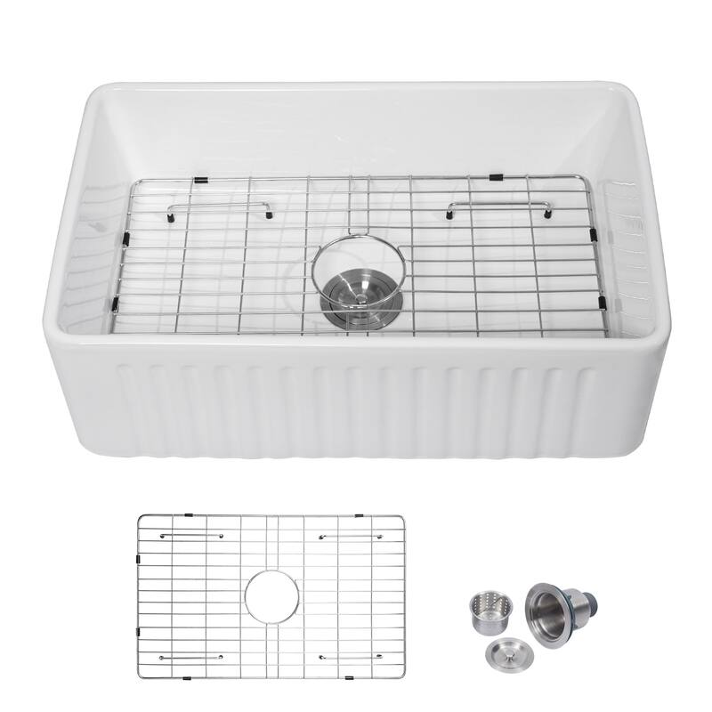 Kichae 30 Inch Ceramic Sink Undermount Farmhouse White Apron Front Kitchen Sink - 30 in.W x 18 in.D x 10 in.H - White - 30 in.W x 18 in.D x 10 in.H