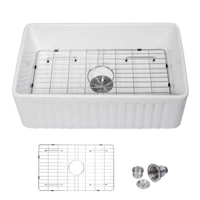 Kichae 30 Inch Ceramic Sink Undermount Farmhouse White Apron Front Kitchen Sink - 30 in.W x 18 in.D x 10 in.H