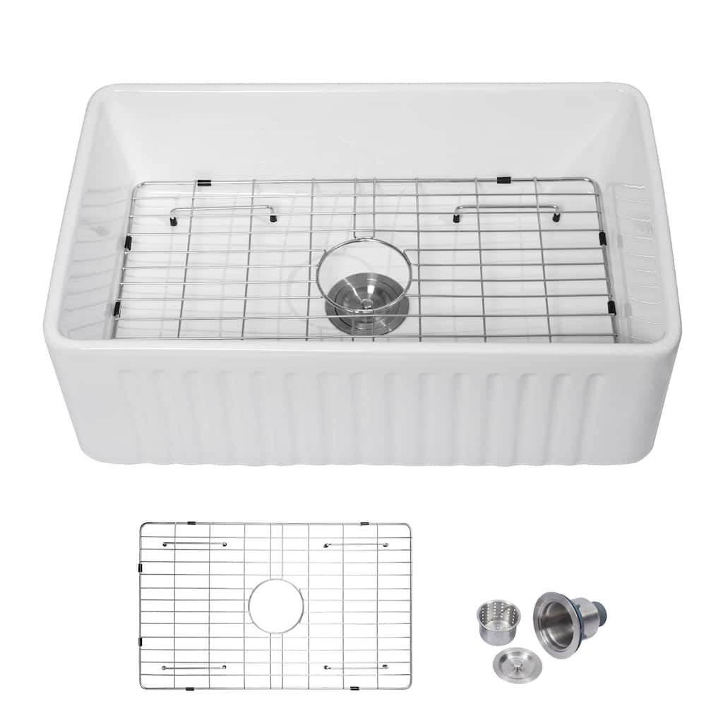 Kichae 30 Inch Ceramic Sink Undermount Farmhouse White Apron Front Kitchen Sink - 30 in.W x 18 in.D x 10 in.H