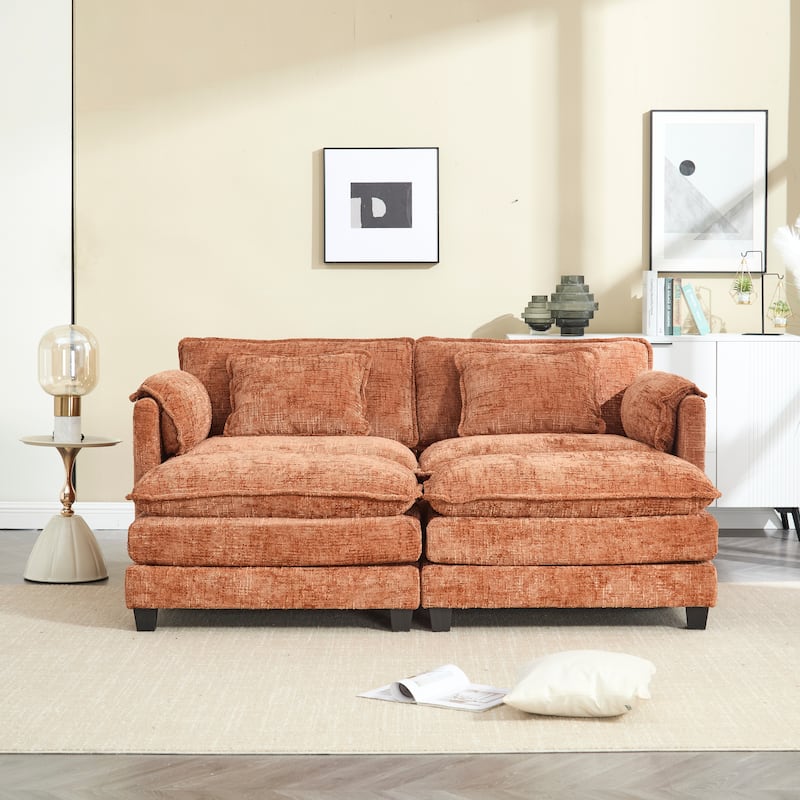 Chenille Fabric Loveseat Sofa Couch with 2 Ottomans and Side Pockets - Orange