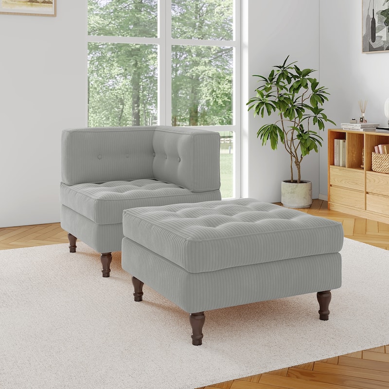 Corduroy L-shape Modular Corner Sectional Sofa with Reversible Storage Ottoman - Light Grey