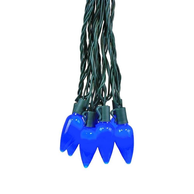 25 Foot C9 LED Ceramic Outdoor Christmas String Light Set, Green, Green Wire - Blue