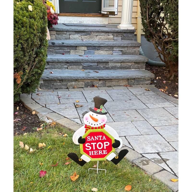 25" Metal Santa Stop Here Snowman Stake - Multicolor