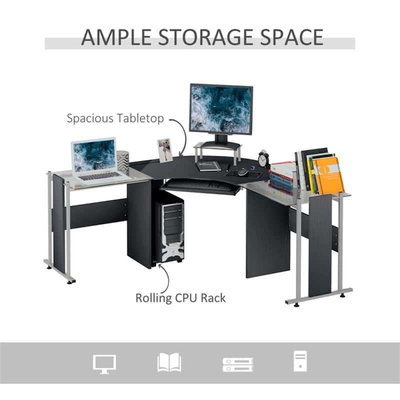 Modern Black MDF L-Shaped Home Office Desk with Tempered Glass Top and Rolling CPU Holder