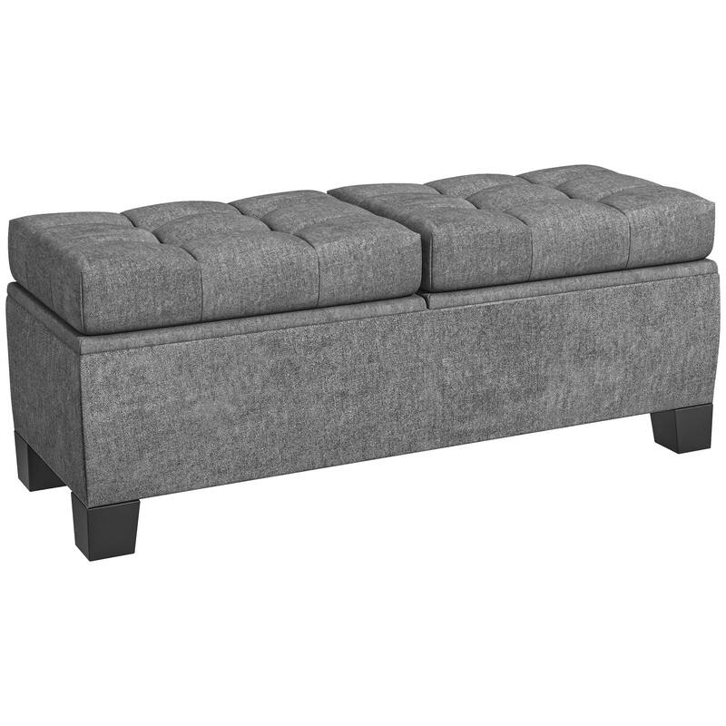 Practical Upholstered Storage Bench with Button Tufting and Flap, Gray Entryway Footrest Bench, Window Bench Indoor Bench