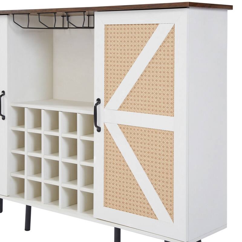 Faux Rattan Barn Door Wine Cabinet with Glass Rack and Removable Shelves
