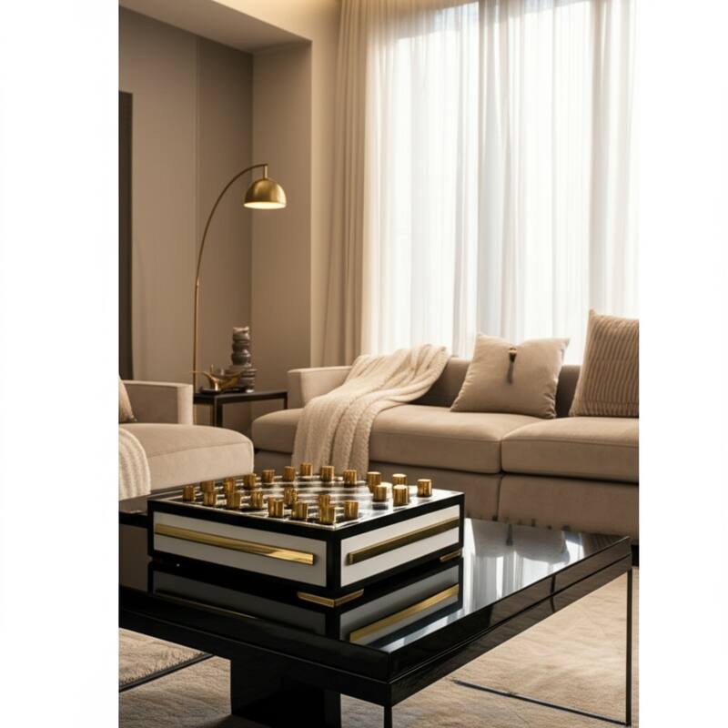 Resin Modern Checkerboard Game with Built-In Storage Drawer - 5" White - 15" x 15" x 4.75"