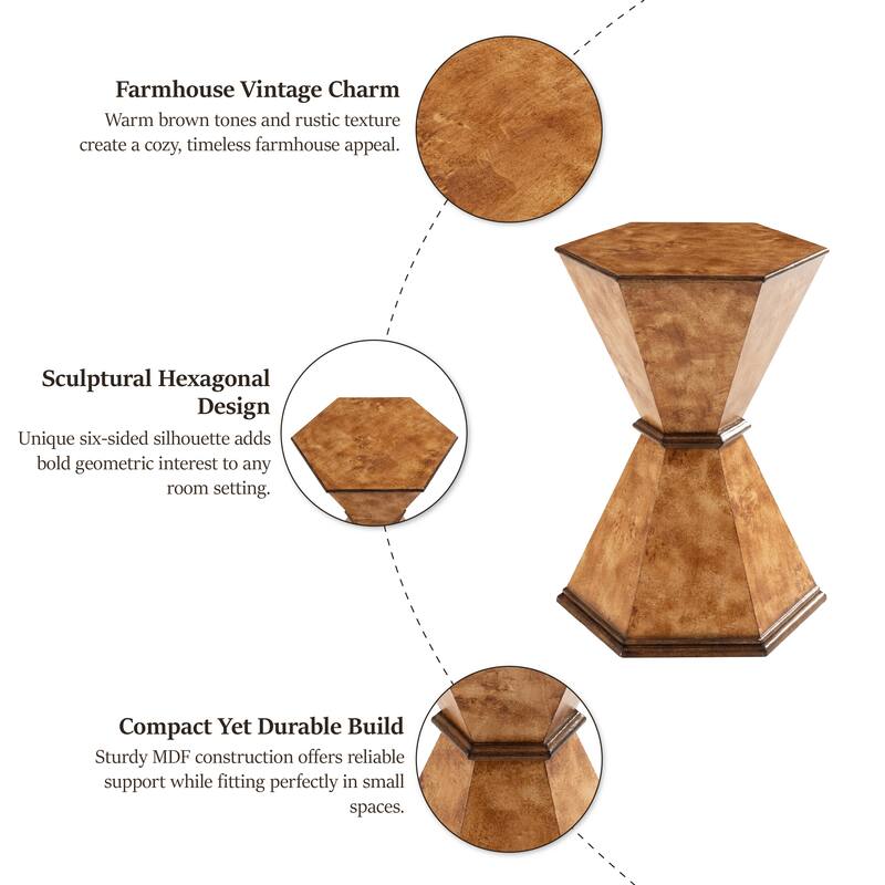 COZAYH Rustic Hexagonal Accent Table, Sculptural Hourglass-Shaped Side Table with Geometric Base, Brown