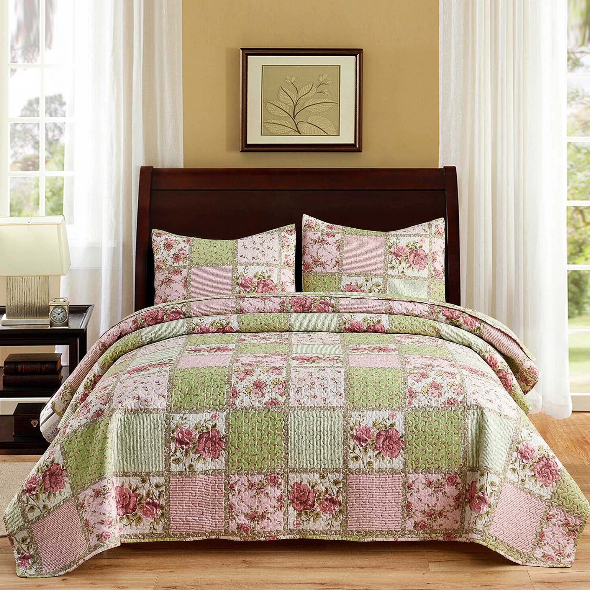 3 Piece Patchwork Quilted Bedspread King Size Pink Bed Throw With Pillow Cases 