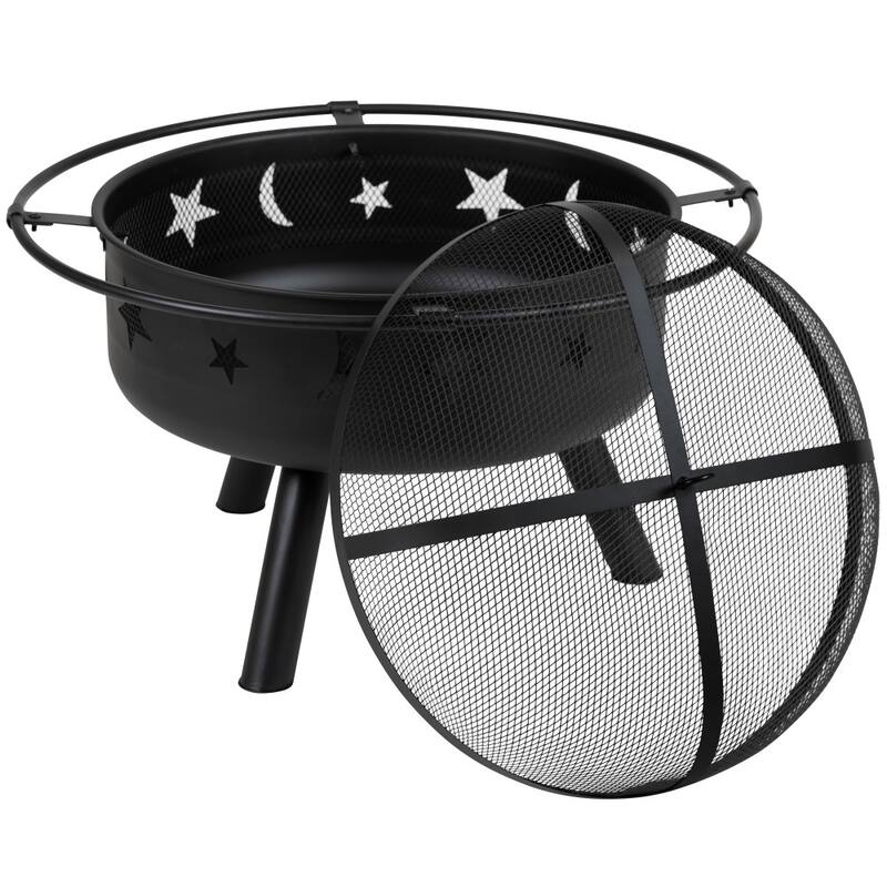 Star and Moon Fire Pit with Mesh Cover & 2 Poly Resin Adirondack Chairs