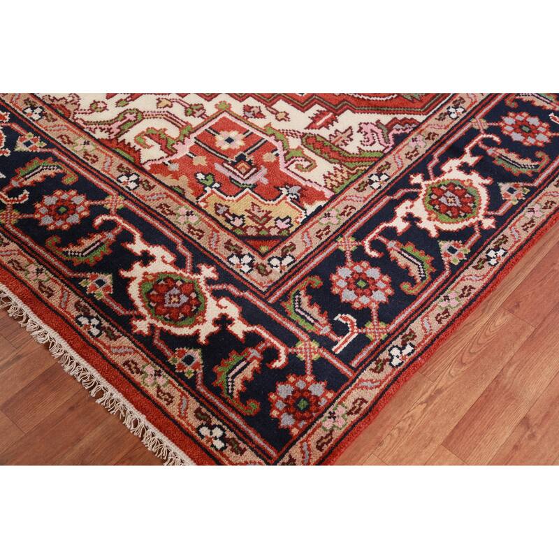 Hand Knotted Oriental 100% Wool Carpet Traditional Medallion Oranges & Rust Heriz (serapi) Area Rug - 9' 11'' X 8' 1''