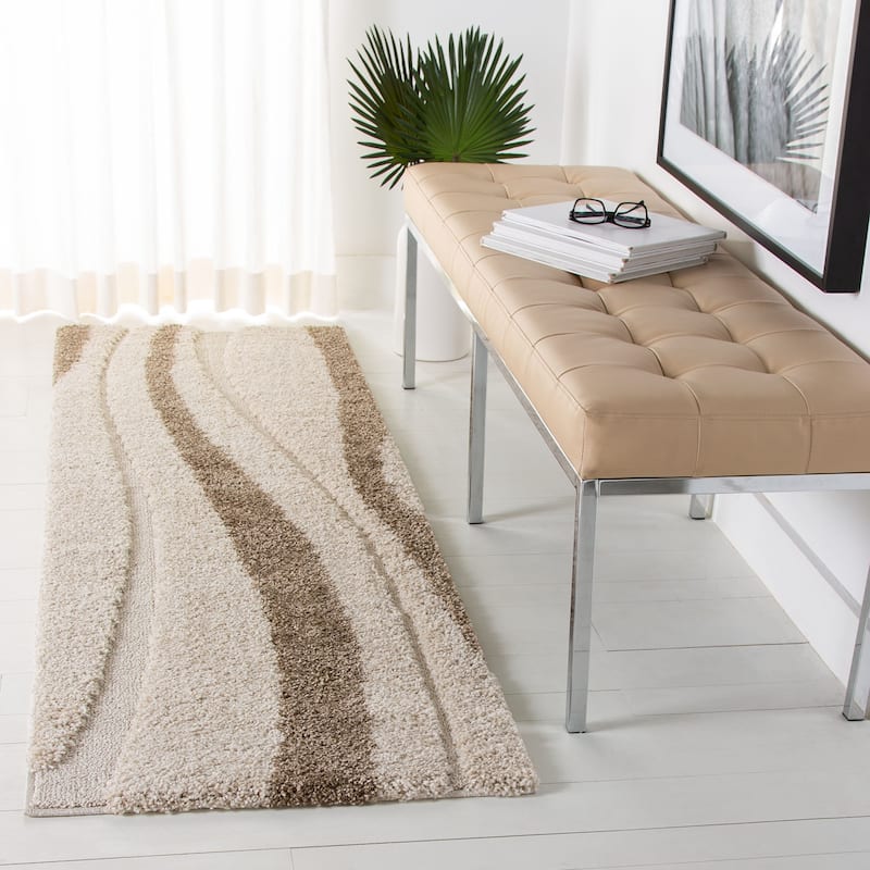 SAFAVIEH Florida Shag Ariola Stripe 1.2-inch Thick Rug - 2'3" x 7' Runner - Cream/Dark Brown