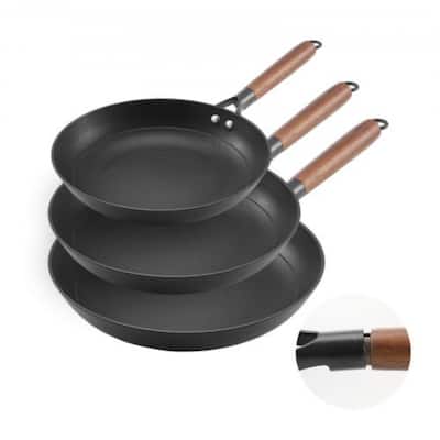 3-Piece Black Cast Iron Frying Pan Set with Detachable Wood Handle for Even Heat Cooking - Large Pan Size: 22 x 12 x 4 in
