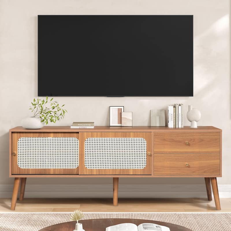 62.9"W Mid-Century TV Stand with Sliding Doors & Drawers, Entertainment Center TV Console Table with Rattan Doors, For 70"TV - Walnut
