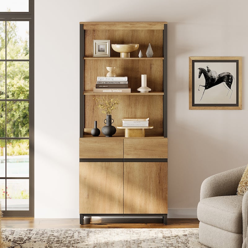 WAMPAT Modern 72" Tall Bookcase with Metal Base and Adjustable Shelves, Library Book Shelf with Storage Cabinet - Oak - 1 Piece