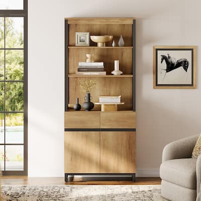 WAMPAT Modern 72" Tall Bookcase with Metal Base and Adjustable Shelves, Library Book Shelf with Storage Cabinet
