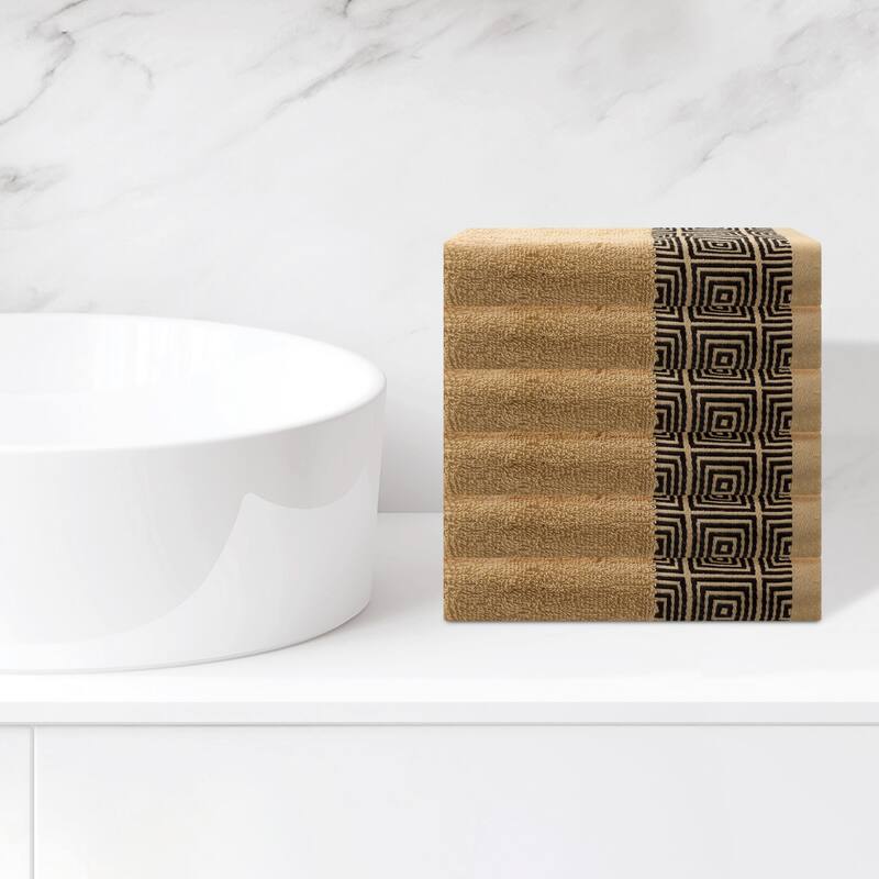 Geometric Patterns Washcloths Set, Cotton Bath Towels, Low Linting Face Towels for Bathroom, Hotel, Spa 13" x 13" - Light Brown - 6 Pack