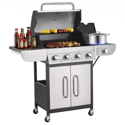 Black-Silver Stainless Steel Propane Gas Grill with Side Burner and Wheels - 49.88 x 21.26 x 44.69 inch