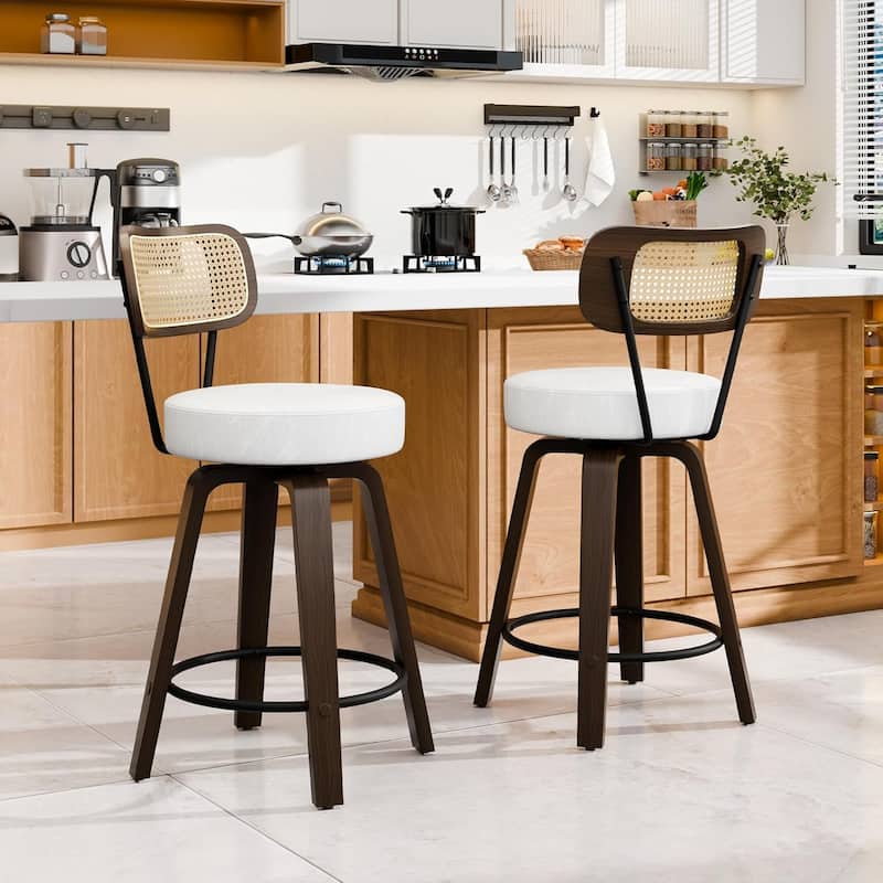 XINMICS 26 Inches Swivel Counter Height Bar Stools with PE Rattan Back, Faux Leather Upholstered Bar Chairs, Set of 2/3/4 - Set of 2 - White - Counter Height