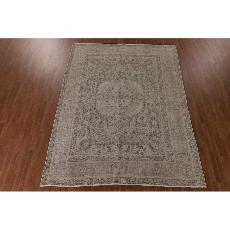 Distressed Tabriz Persian Vintage Rug Hand-Knotted Beige Wool Carpet - 8'0"x 10'7"