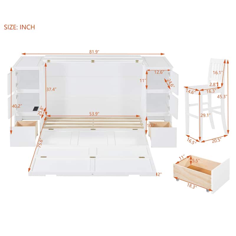 Modern Style Murphy Bed with Drawers, Cabinets and USB Ports for Bedroom