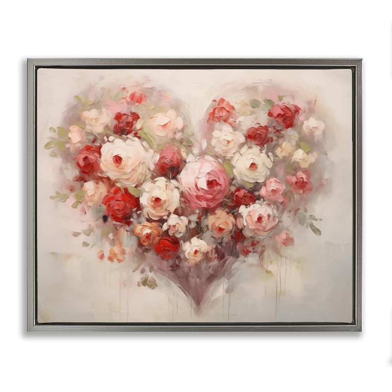 Stupell Valentine Roses Heart Framed Floater Canvas Wall Art Design By Arlington Prints - 31 x 25 - Grey
