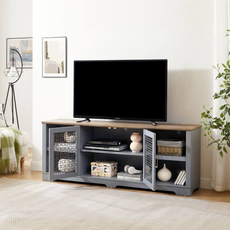Farmhouse Style TV Stand Home Entertainment Console, for TVs Up To 80'' with Open Shelving and Glass Doors, For Living Room