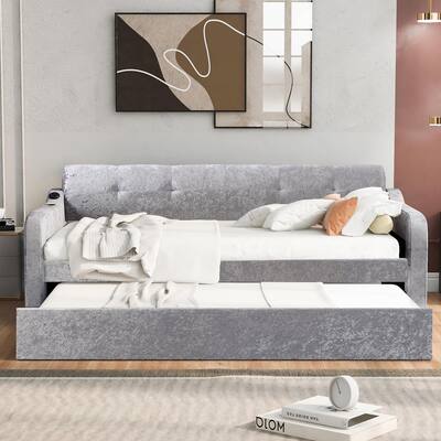 Twin Size Snowflake Velvet Daybed with Trundle and USB Charging