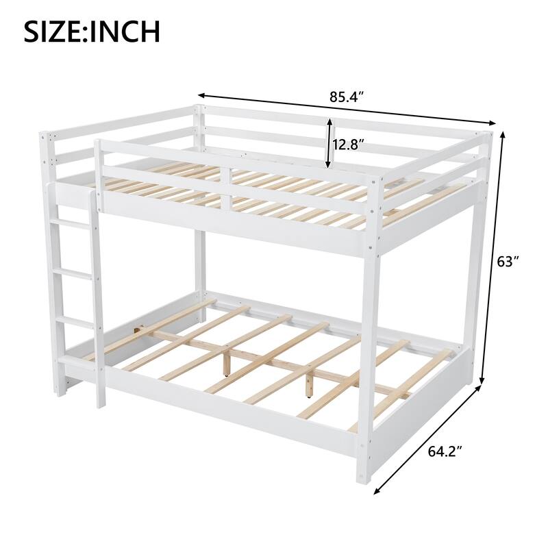 Queen Size White Wood Bunk Bed with Ladder, Space-Saving Design