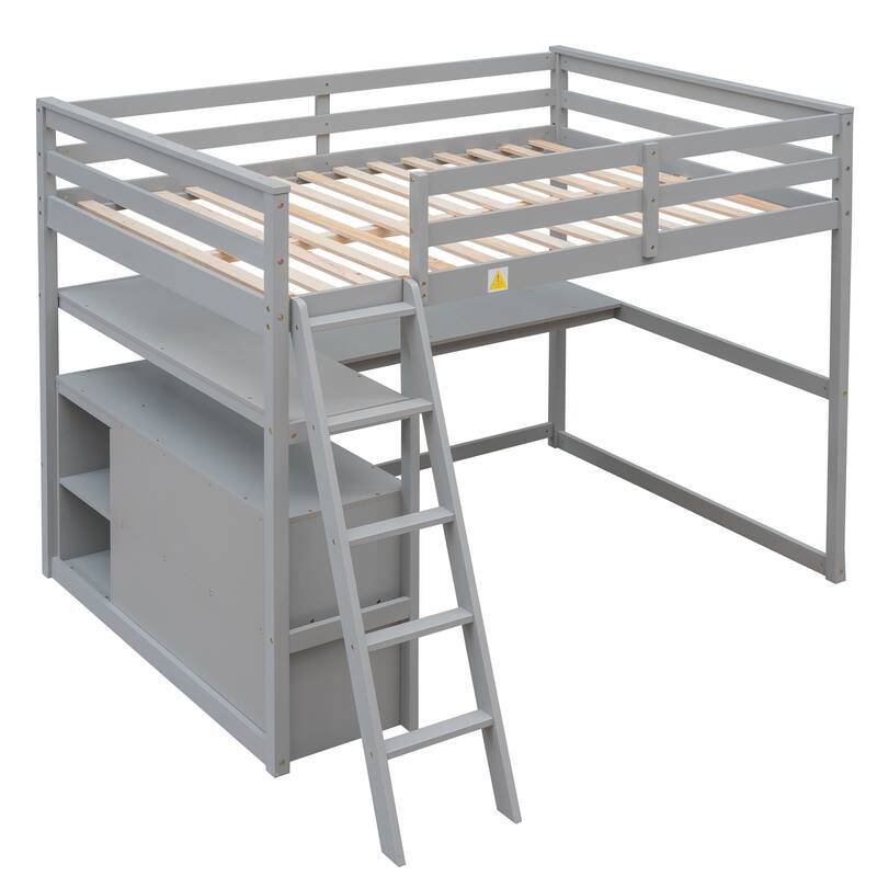 Full Size Loft Bed with Built-in Desk, Shelves & Drawers in Gray