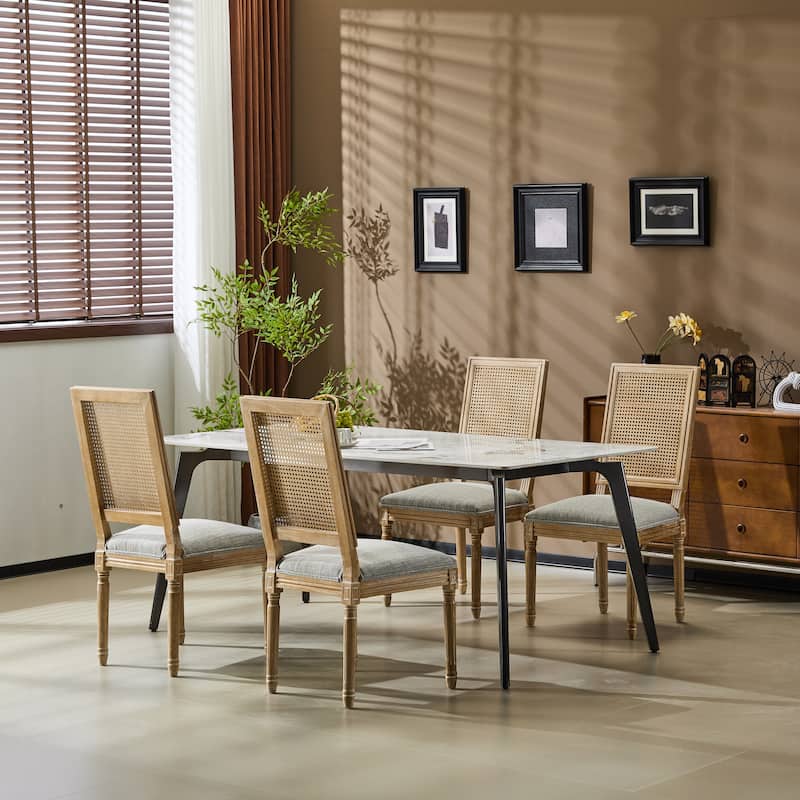 [Set of 4] French Country Dining Chairs - Elegant Cane Backrest & Upholstered Seats with Fluted Legs- Solid Rubberwood Frame - Grayish Green