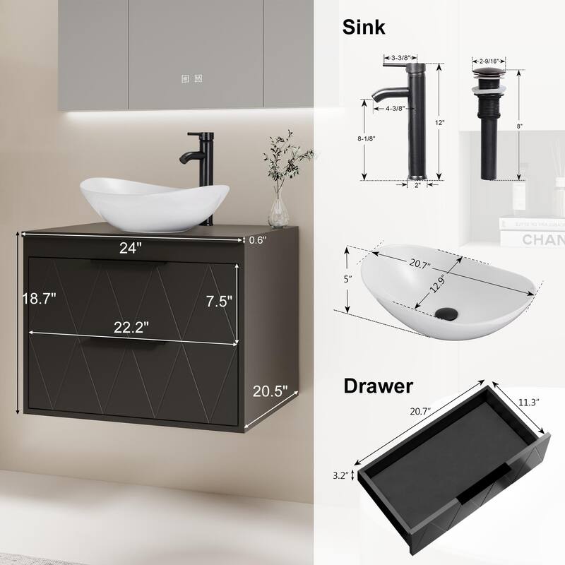 Modern Wall Mounted Bathroom Vanity Set with Vessel Sink & Faucet