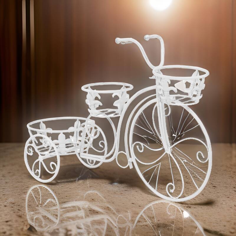 Outdoor Plant Stand, Tricycle Shape, Scrollwork, 30 Inch White Metal