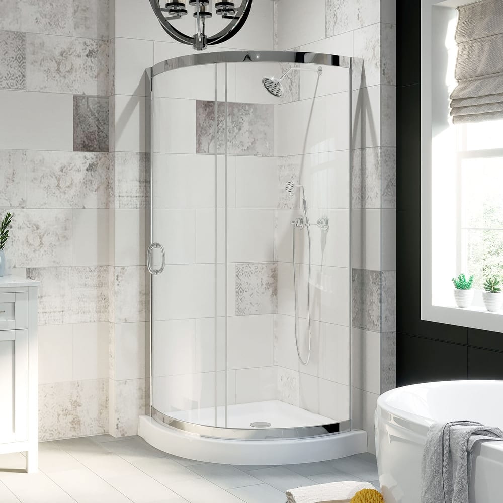 Breeze Round Corner Shower Kit with Clear Sliding Door and Shower Base Pan (Walls not Included)