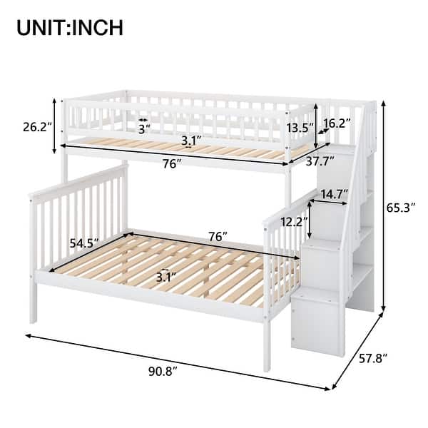 Twin over Full Stairway Bunk Bed with Side Shelves, Convertible into 2-Separate Beds, Built-in Storage, Easy Assembly, White