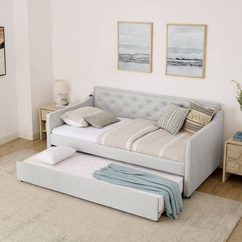 Twin Size Upholstery Daybed with Erectable Trundle and Button-tufted Backrest, USB Charging Design, for Living Room and Bedroom